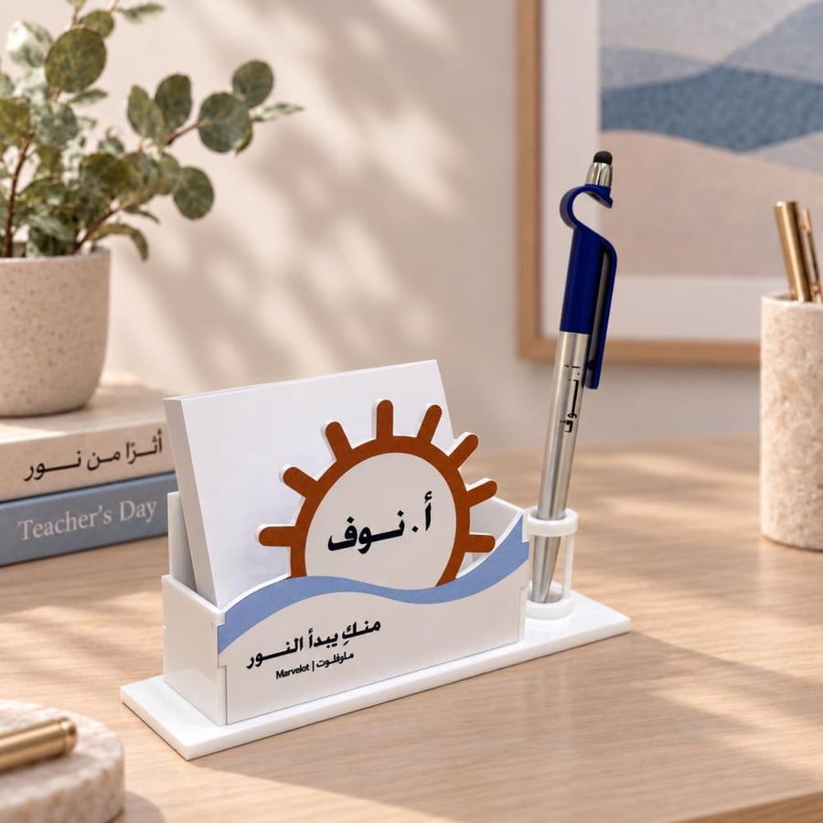 استاند قلم مع نوتة يوم المعلم مخصص بالاسم – هدية مكتبية أنيقة
