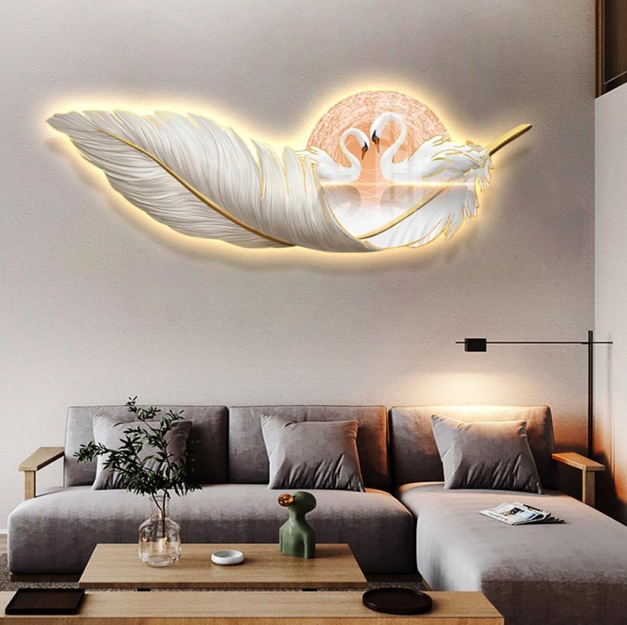 لوحة فنية بإضاءة LED بتصميم ريشة وبجع مع ريموت