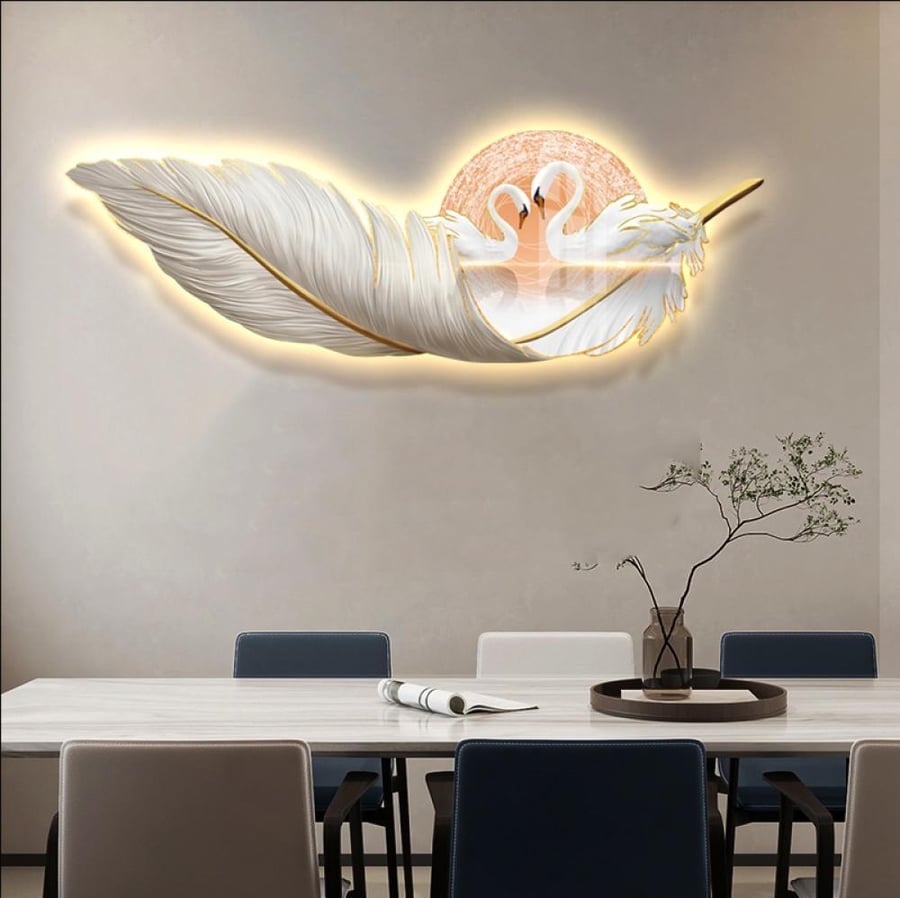 لوحة فنية بإضاءة LED بتصميم ريشة وبجع مع ريموت