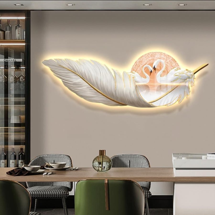 لوحة فنية بإضاءة LED بتصميم ريشة وبجع مع ريموت