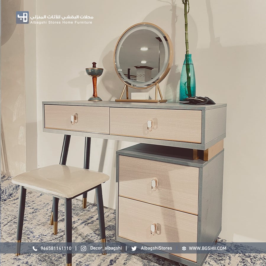 تسريحة 740024 مع مرآة دائرية وكرسي مبطن وأدراج تخزين