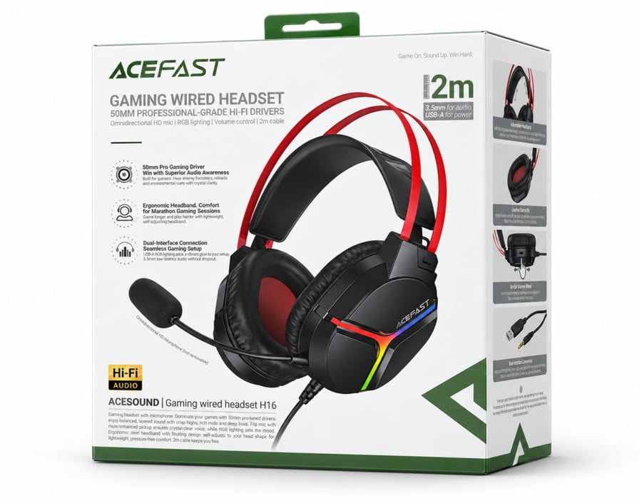 ACEFAST | ايس فاست سماعة ألعاب سلكية H16 بميكروفون وإضاءة RGB