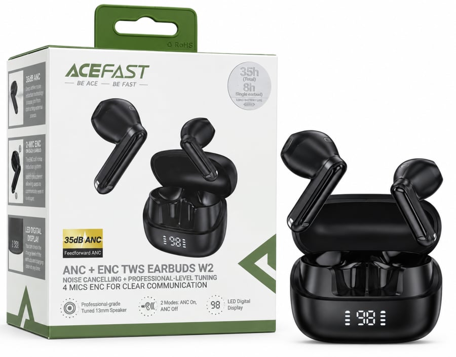 ACEFAST | ايس فاست سماعات بلوتوث W2 بعزل ضوضاء ANC وشاشة رقمية – أسود