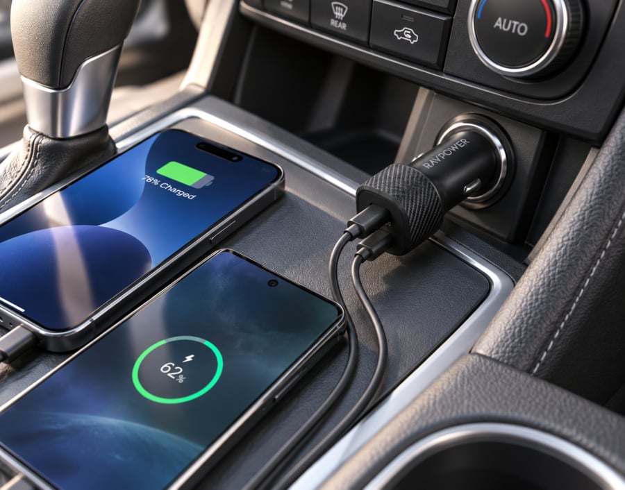 راف باور شاحن سيارة سريع 60 واط بمنفذين USB‑C – أسود