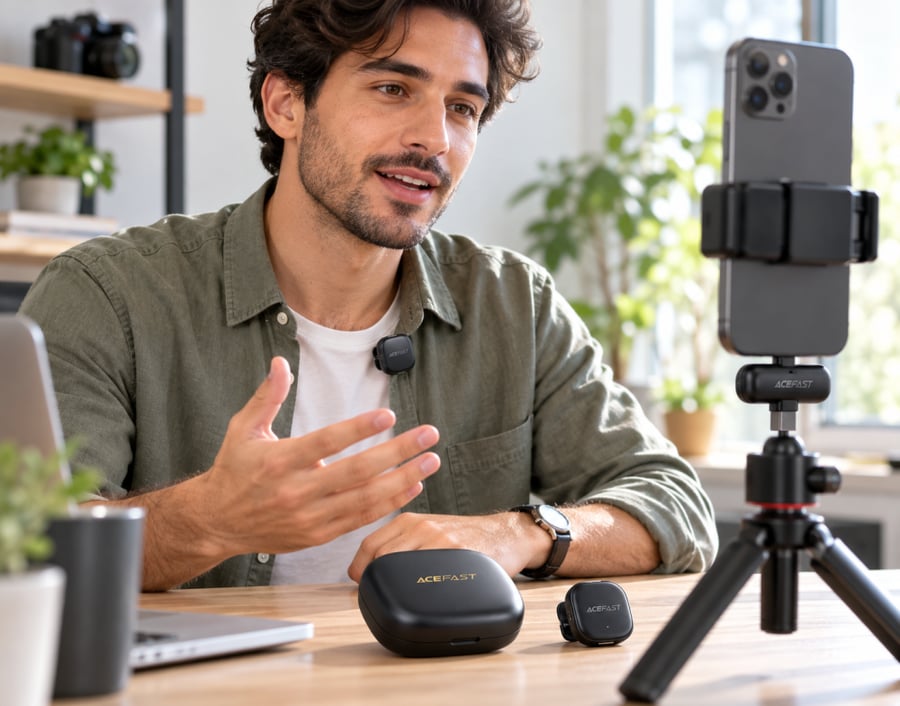 ACEFAST | ايس فاست R1 مايكروفون لاسلكي مزدوج USB-C مع علبة شحن – أسود