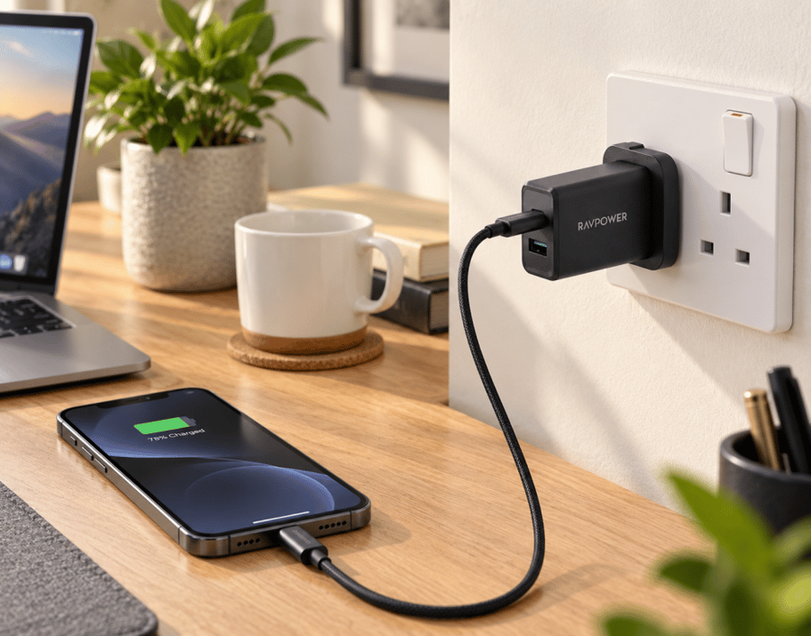 راف باور شاحن جداري سريع GaN بقوة 45 واط بمنفذين USB-C وUSB-A