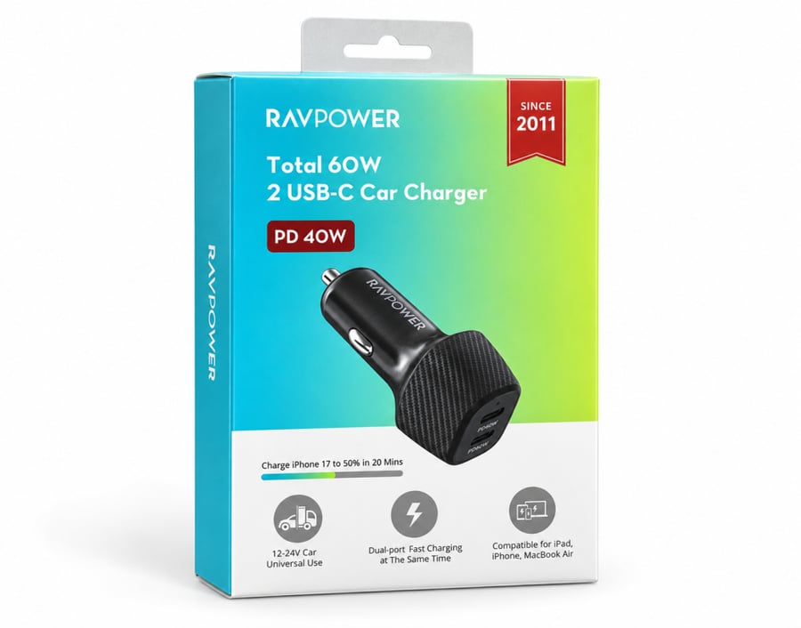 راف باور شاحن سيارة سريع 60 واط بمنفذين USB‑C – أسود
