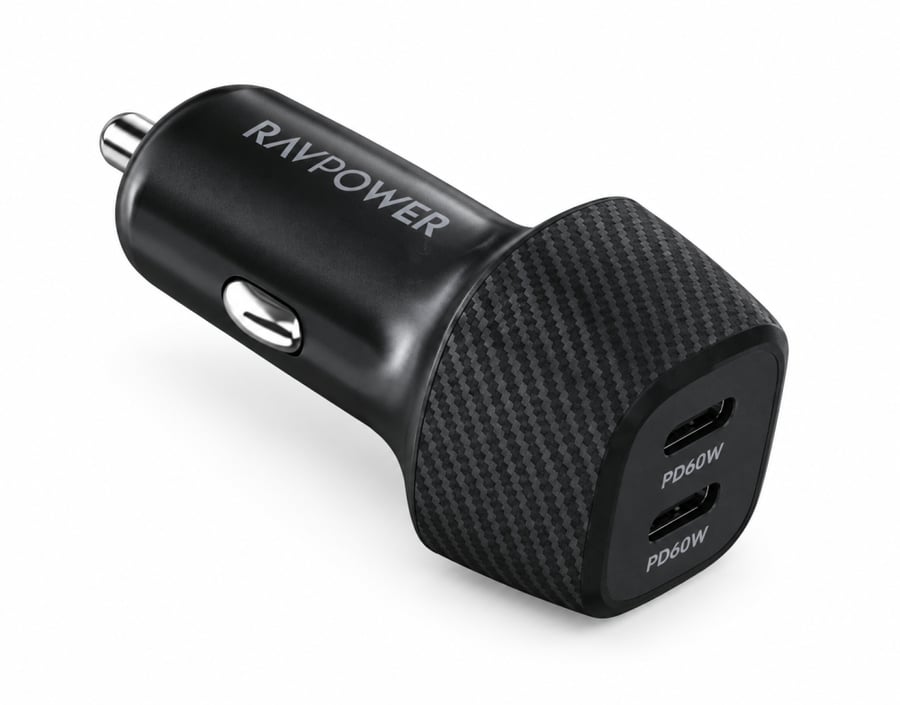 راف باور شاحن سيارة سريع 60 واط بمنفذين USB‑C – أسود