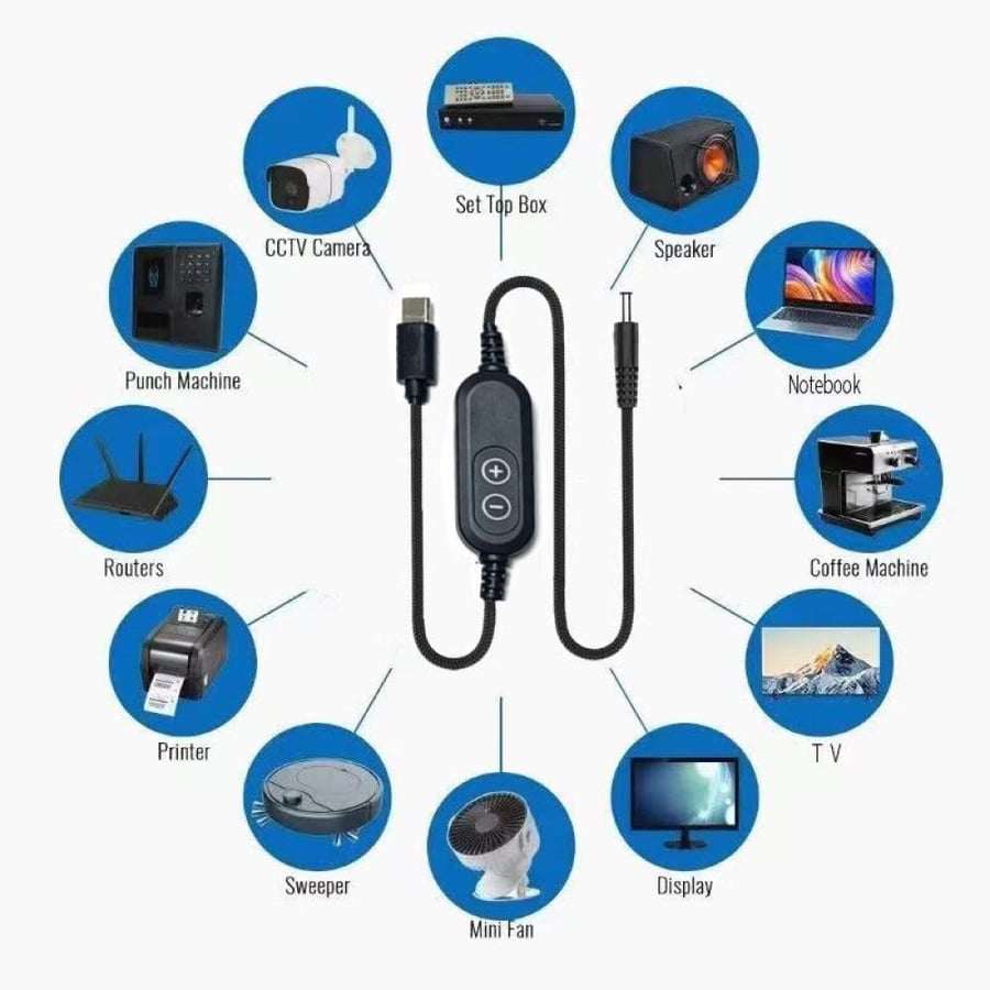 كابل طاقة من USB-C إلى تيار مستمر بجهد قابل للتعديل
