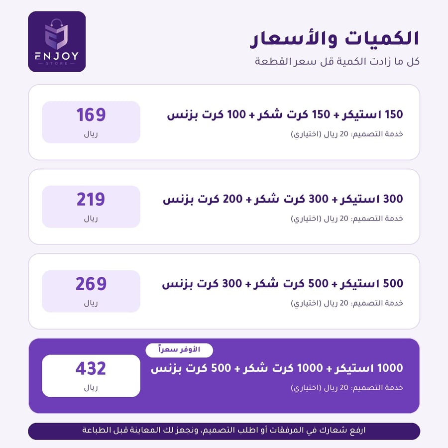 الكميات والأسعار - بكج الانطلاقة من 169 ريال