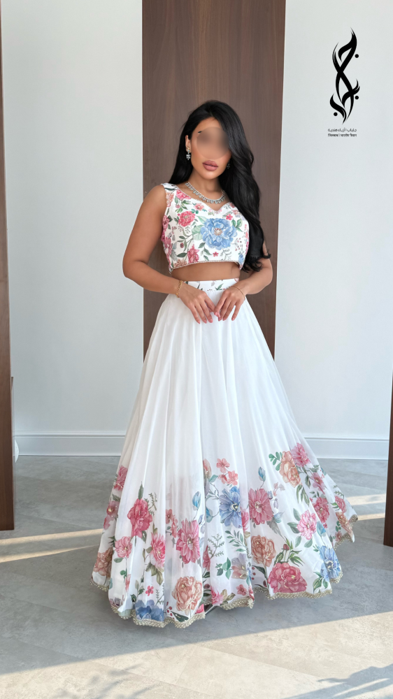 Sari Indian white fabric organza with colorful flowers