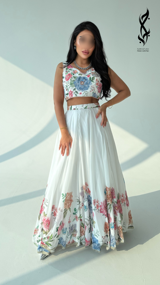 Sari Indian white fabric organza with colorful flowers