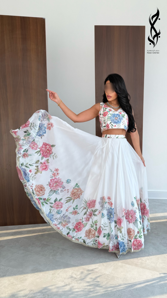 Sari Indian white fabric organza with colorful flowers