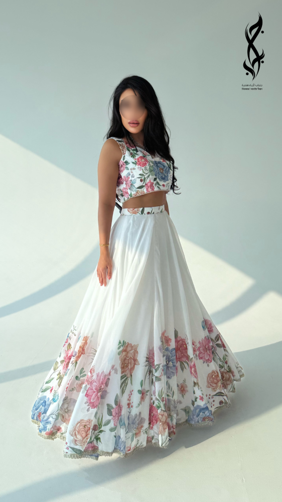 Sari Indian white fabric organza with colorful flowers