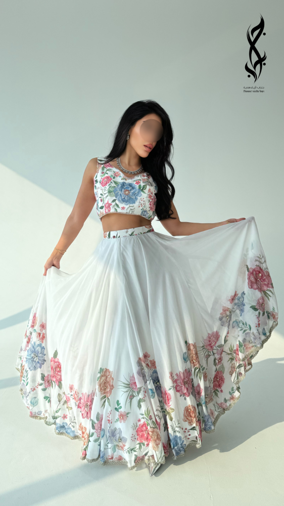 Sari Indian white fabric organza with colorful flowers
