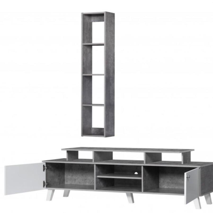 TV table with wall shelves white and gray