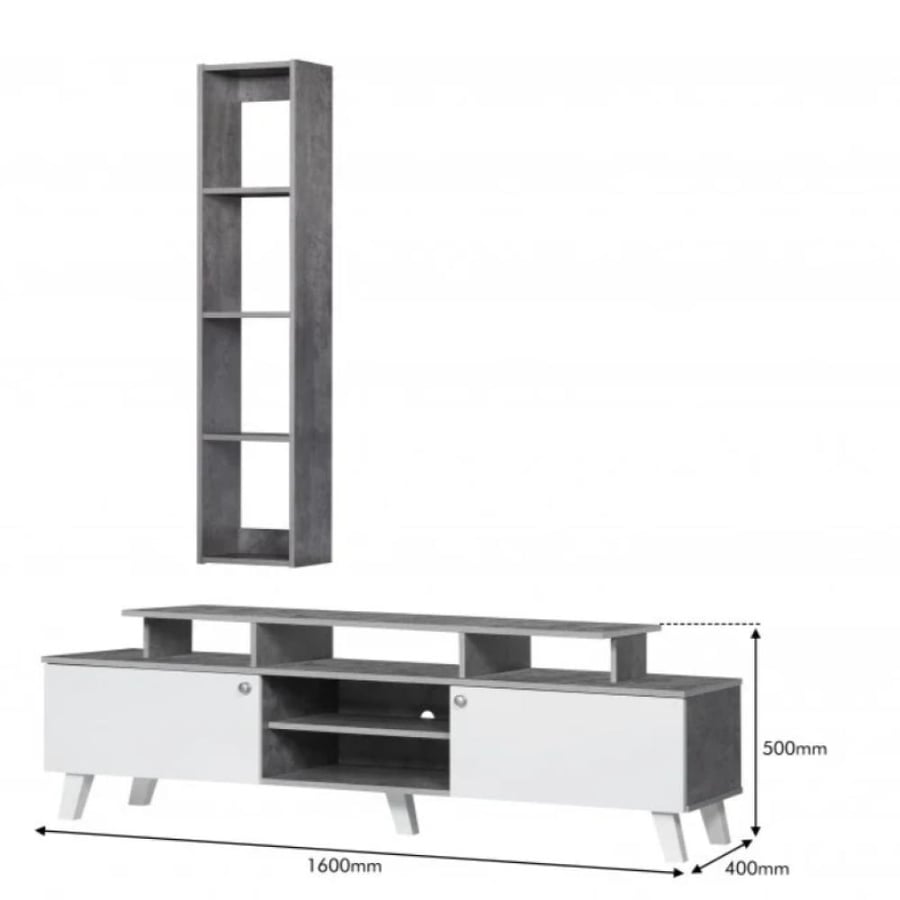 TV table with wall shelves white and gray