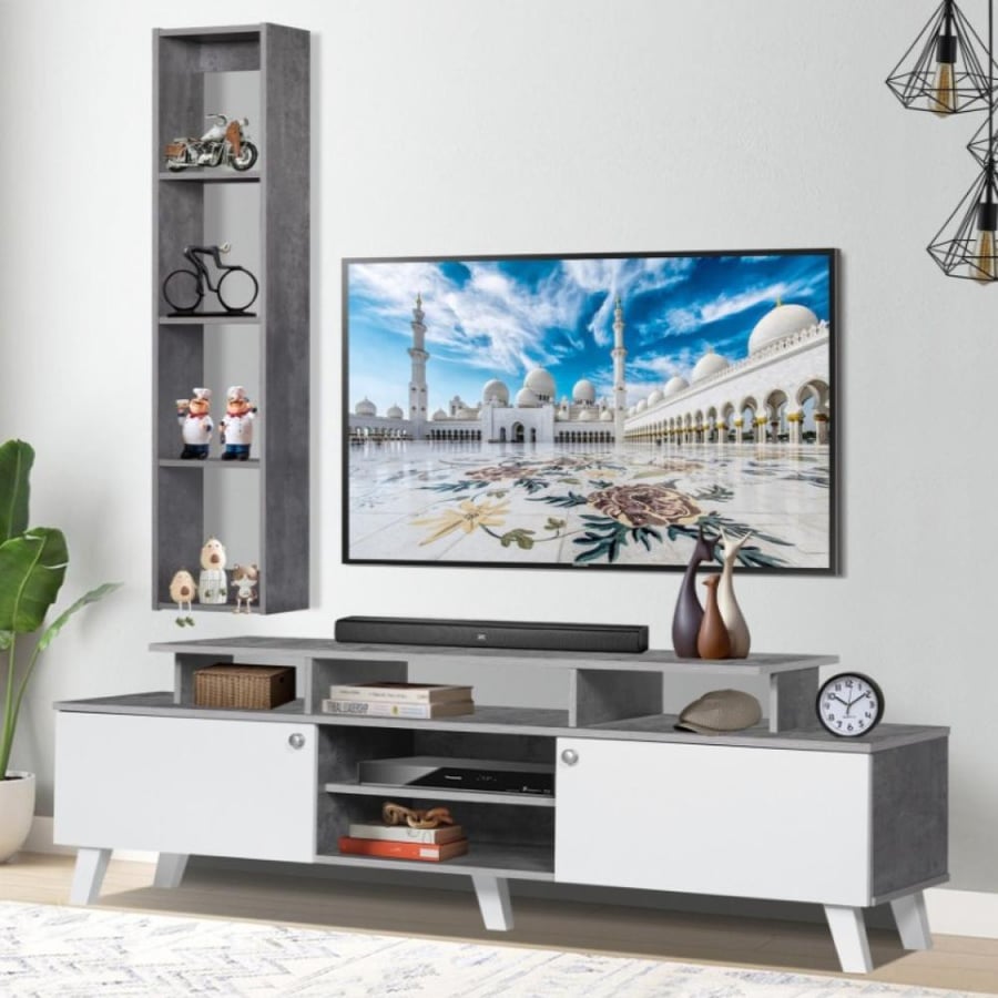 TV table with wall shelves white and gray