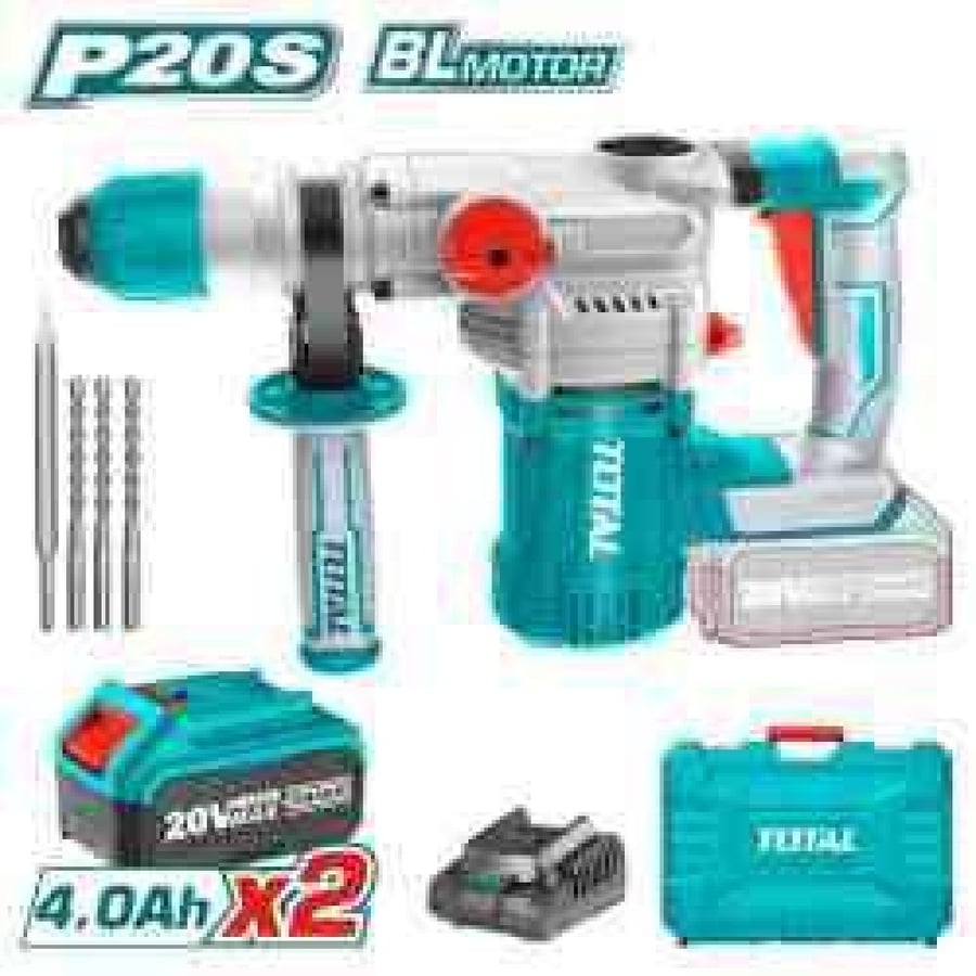 Hammer drill 20V battery with bag, two batteries, charger, and set of drill bits, brushless cordless TRHLI202882 TOTAL