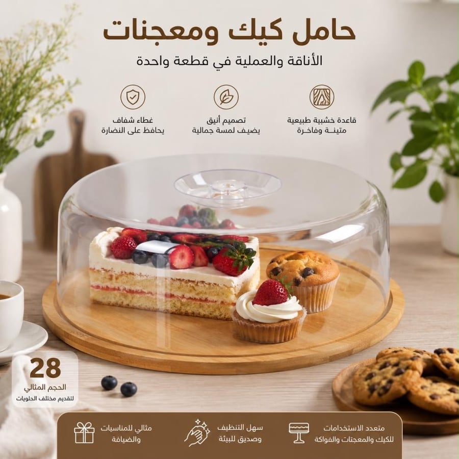 حامل كيك ومعجنات خشب مستدير بغطاء بلاستيك شفاف | 28سم