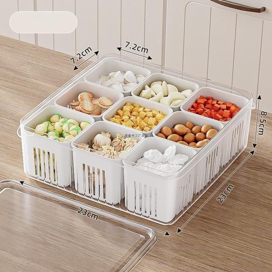 Vegetable and ingredients organizer box with baskets and a strainer of 4 and 9 pieces