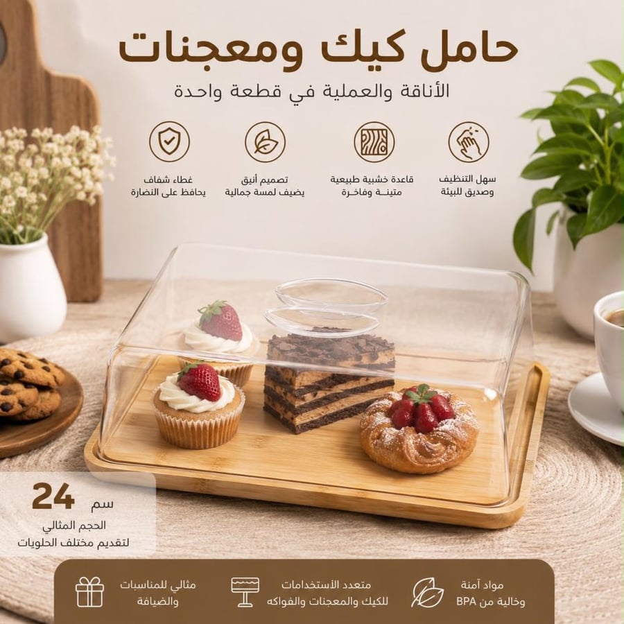 حامل كيك ومعجنات خشب مستطيل بغطاء بلاستيك شفاف | 24سم