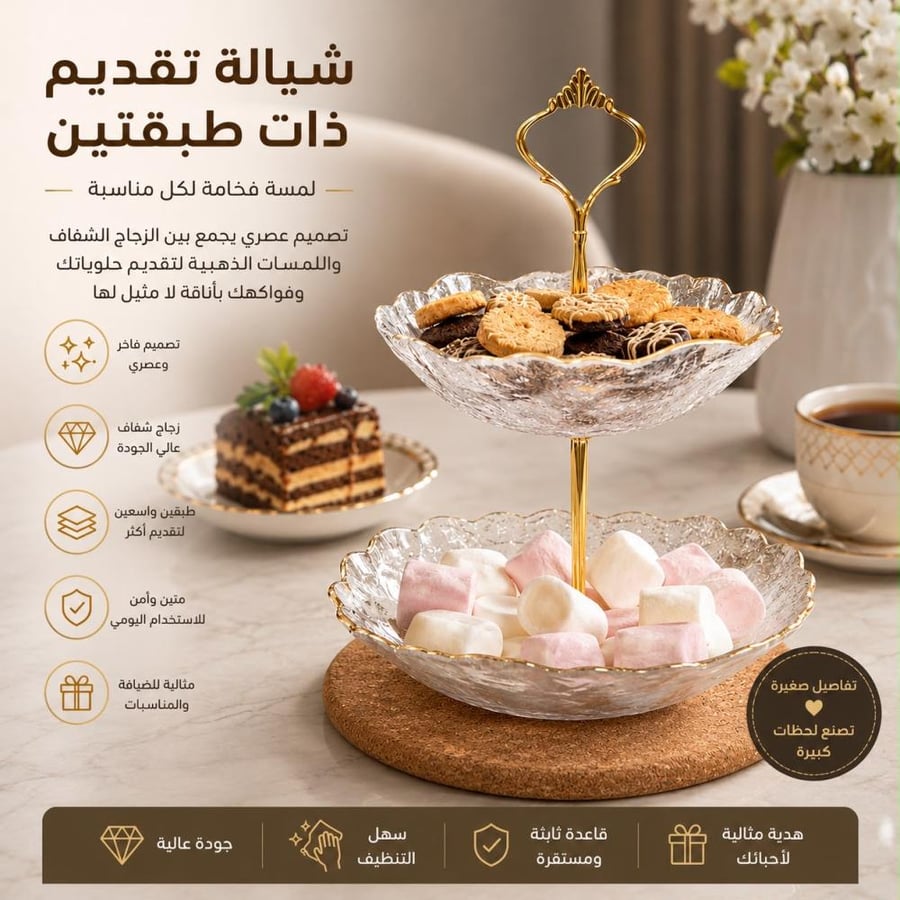 شيالة تقديم ذات طبقتين تتميز بتصميم عصري يجمع بين الزجاج الثلجي واللمسات الذهبية
