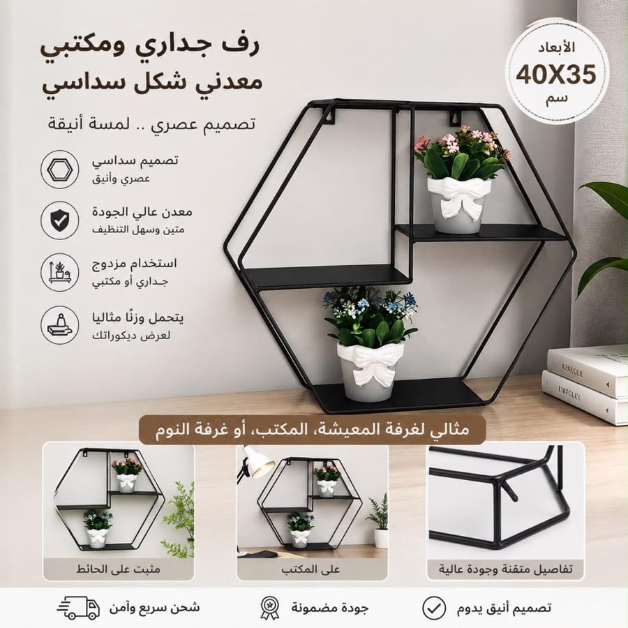 رف جداري ومكتبي معدني شكل سداسي | تصميم عصري مقسم إلى عدة أقسام لعرض الديكورات