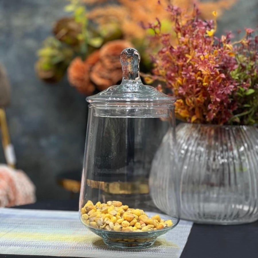 Glass serving vase with base and lid for sweets and chocolates | height 26cm