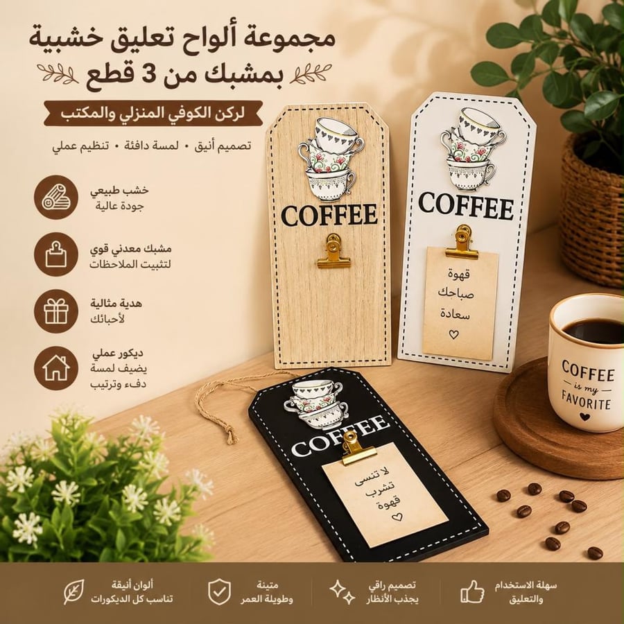 مجموعة الواح تعليق خشبية لركن الكوفي بمشبك من 3 قطع
