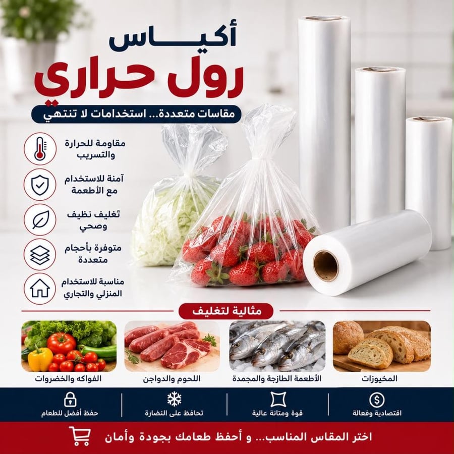 اكياس نايلون حرارية شديدة التحمل (HD) بنظام رولات | تتوفر هذه الأكياس بأربعة مقاسات مختلفة لتلبية احتياجات التعبئة المتنوعة