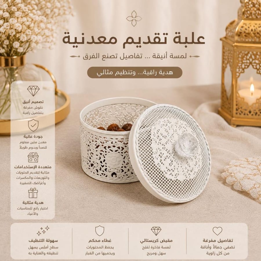 مجموعة علب تقديم معدنية من 6 قطع | لون أبيض مزخرف بنقوش دانتيل ومقبض علوي على شكل كريستالة