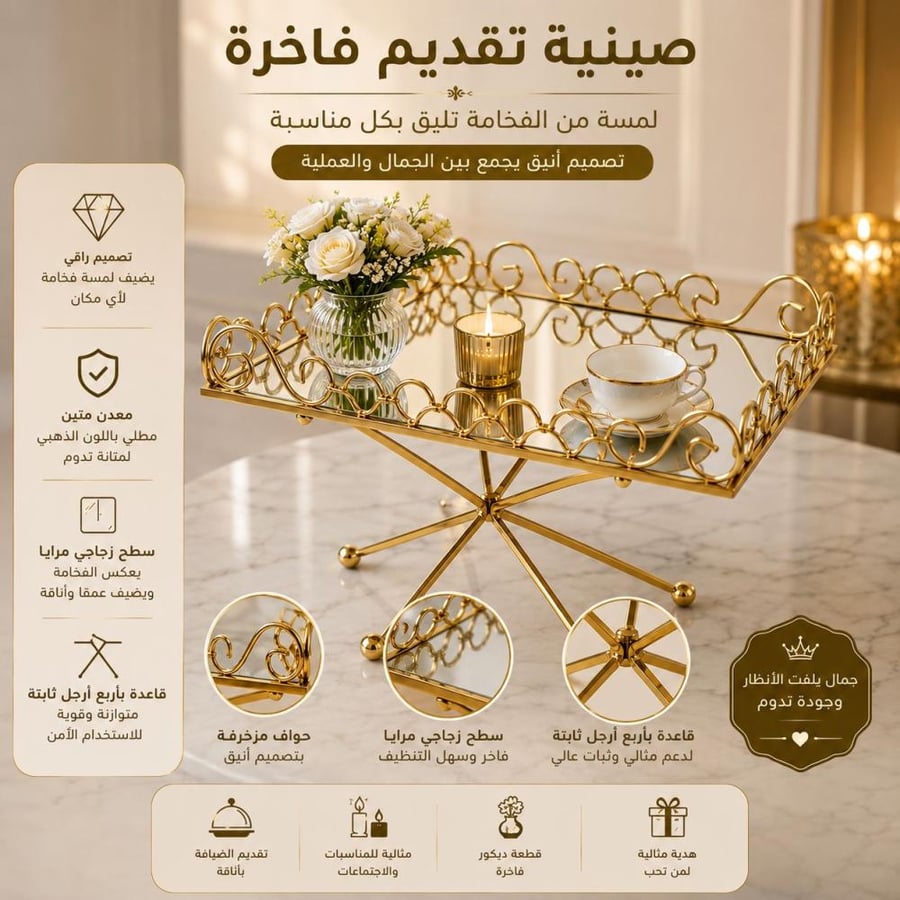 صينية تقديم ذهبية اللون بتصميم معدني مزخرف وقاعدة ذهبية فاخرة وسطح رخامي وزجاجي (متوفر حجمين)