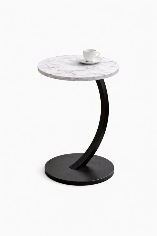 Modern Marble Round Side Table – White Marble MDF Top with Black Carbon Steel Curved Frame