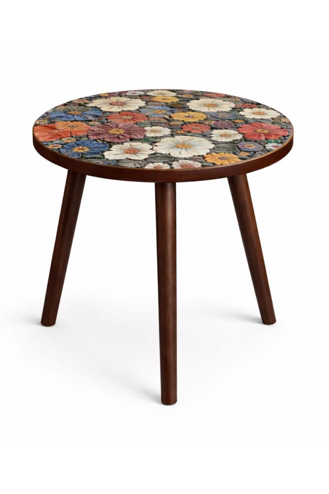 Floral Daisy Round Side Table – Decorative Flower Print MDF Top with Solid Wooden Legs