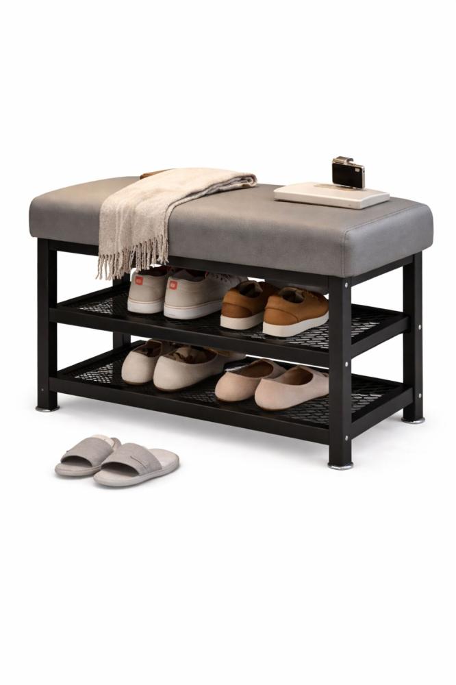 Shoe Bench with Storage – Entryway Shoe Rack Bench with Cushioned Seat, 2-Tier Metal Shoe