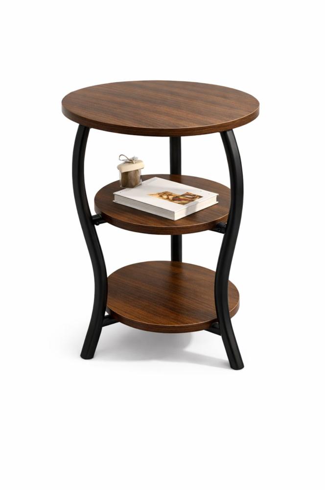 A3 Round 3-Tier Side Table – Walnut MDF Wood & Carbon Steel Frame, Modern Bedside Table