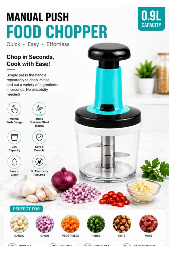 0.9L Manual Push Food Chopper with Stainless Steel Blades – Multipurpose Vegetable, Onion, Garlic & Meat Chopper