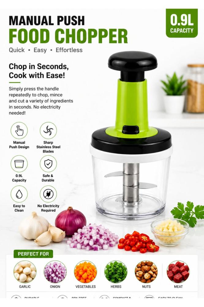 0.9L Manual Push Food Chopper with Stainless Steel Blades – Multipurpose Garlic, Onion, Vegetable, Herbs & Nuts Chopper