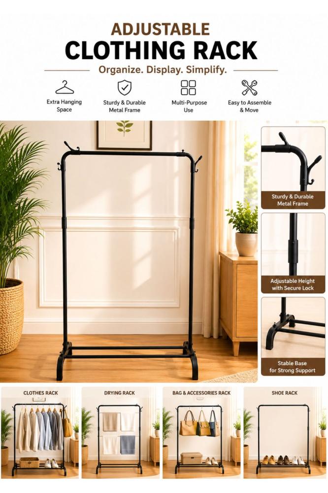 Heavy-Duty Single Pole Clothes Rack with Shoe Storage Shelf – Freestanding Garment Organizer with Side Hooks