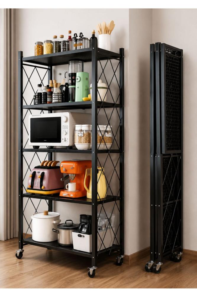 5-Tier Foldable Storage Rack with Wheels – Heavy-Duty Carbon Steel Multipurpose Kitchen & Home Organizer, Black
