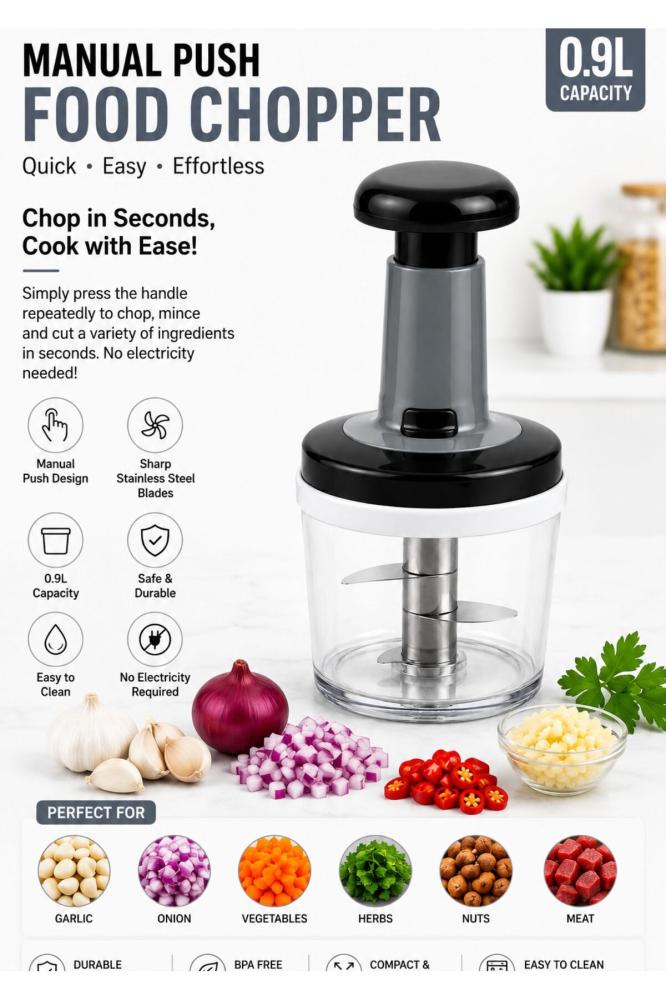 0.9L Manual Push Food Chopper with Stainless Steel Blades – Multipurpose Vegetable, Onion, Garlic, Herbs & Nuts Chopper