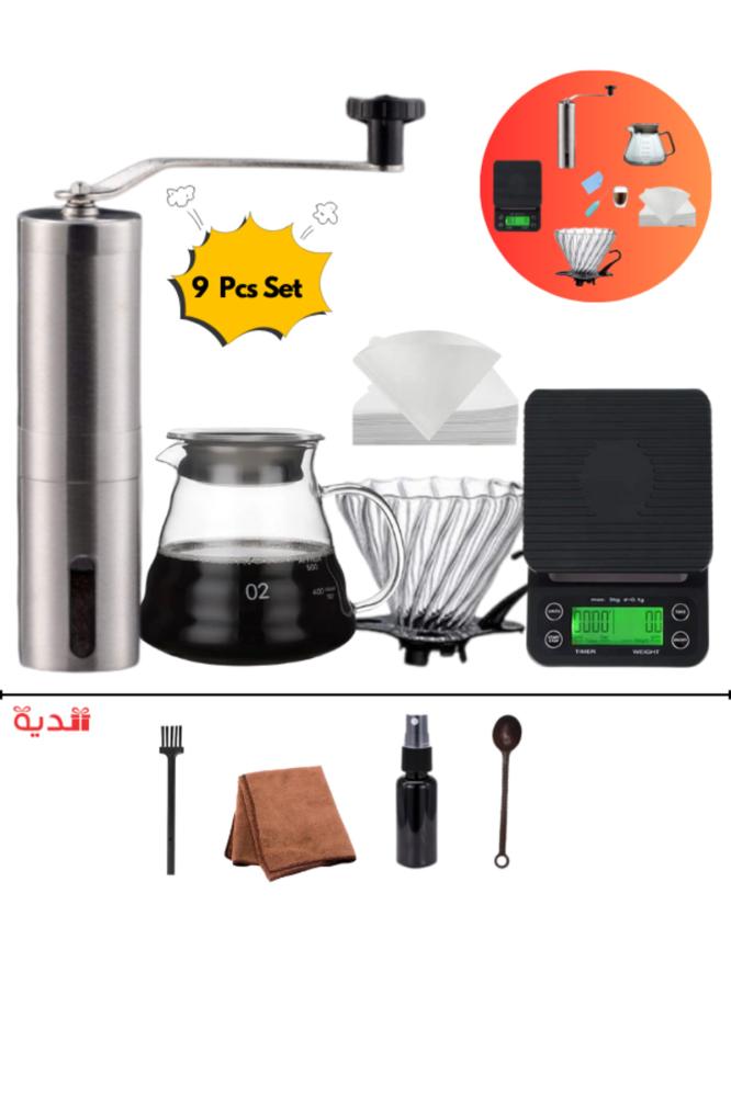 DOPPIO 10 Pcs V60 Premium Pour Over Manual Coffee Maker with Manual Grinder Dripper Set