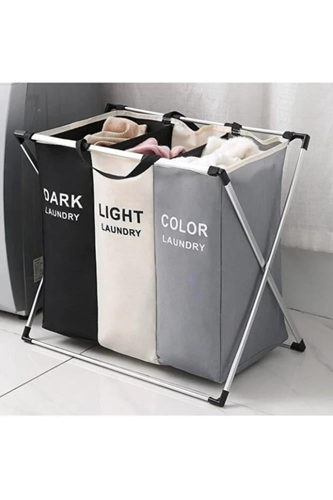 Laundry Basket for Clothes 3 Sections Foldable Organizer Bag Frame Dirty Clothes Storage