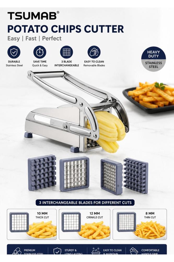 Stainless Steel Potato Cutter with 3 Interchangeable Blades – Heavy Duty French Fry Cutter for Thick, Thin & Crinkle Fries – Manual Potato & Vegetable Slicer