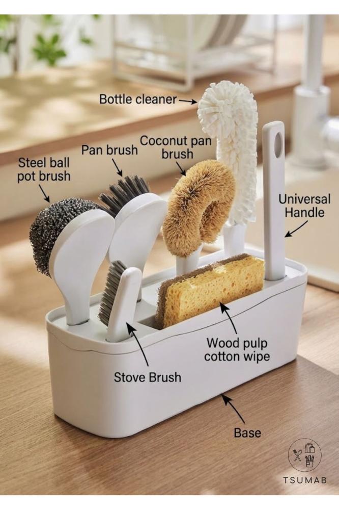 Complete Kitchen Cleaning Set – 6-in-1 Scrub Brush Kit with Storage Base | Bottle Cleaner