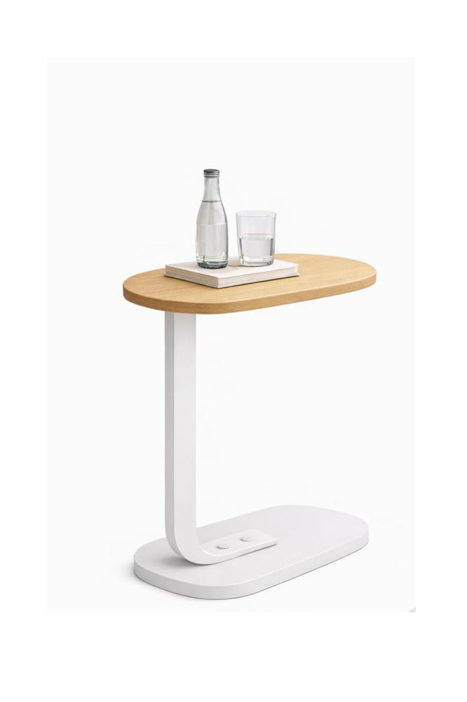 Modern C-Shaped Side Table – Wood Finish MDF Sofa Table with White Carbon Steel Frame