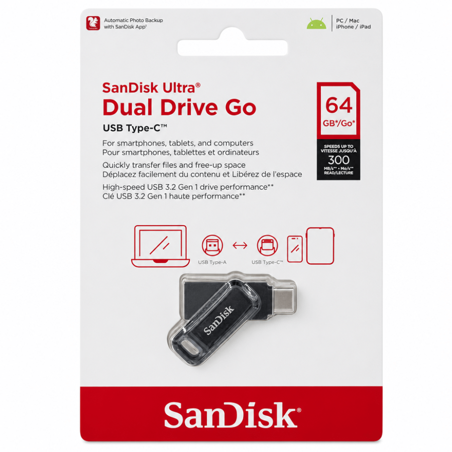 سان ديسك، فلاش USB مزدوجة، 64 جيجا، USB-C وUSB-A