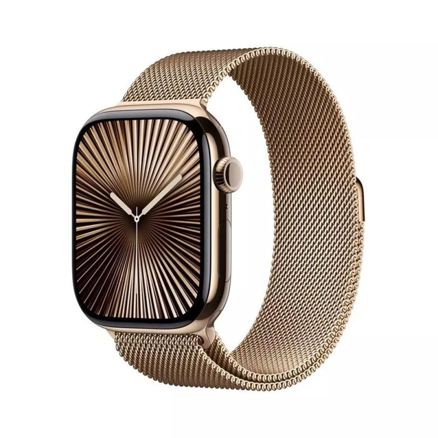 هيكل تيتانيوم مصقول لامع باللون الذهبي في Apple Watch 10