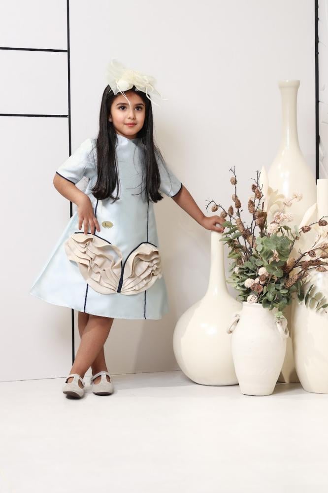 Children's soft dress from the tafetta Mikado in sky blue and beige